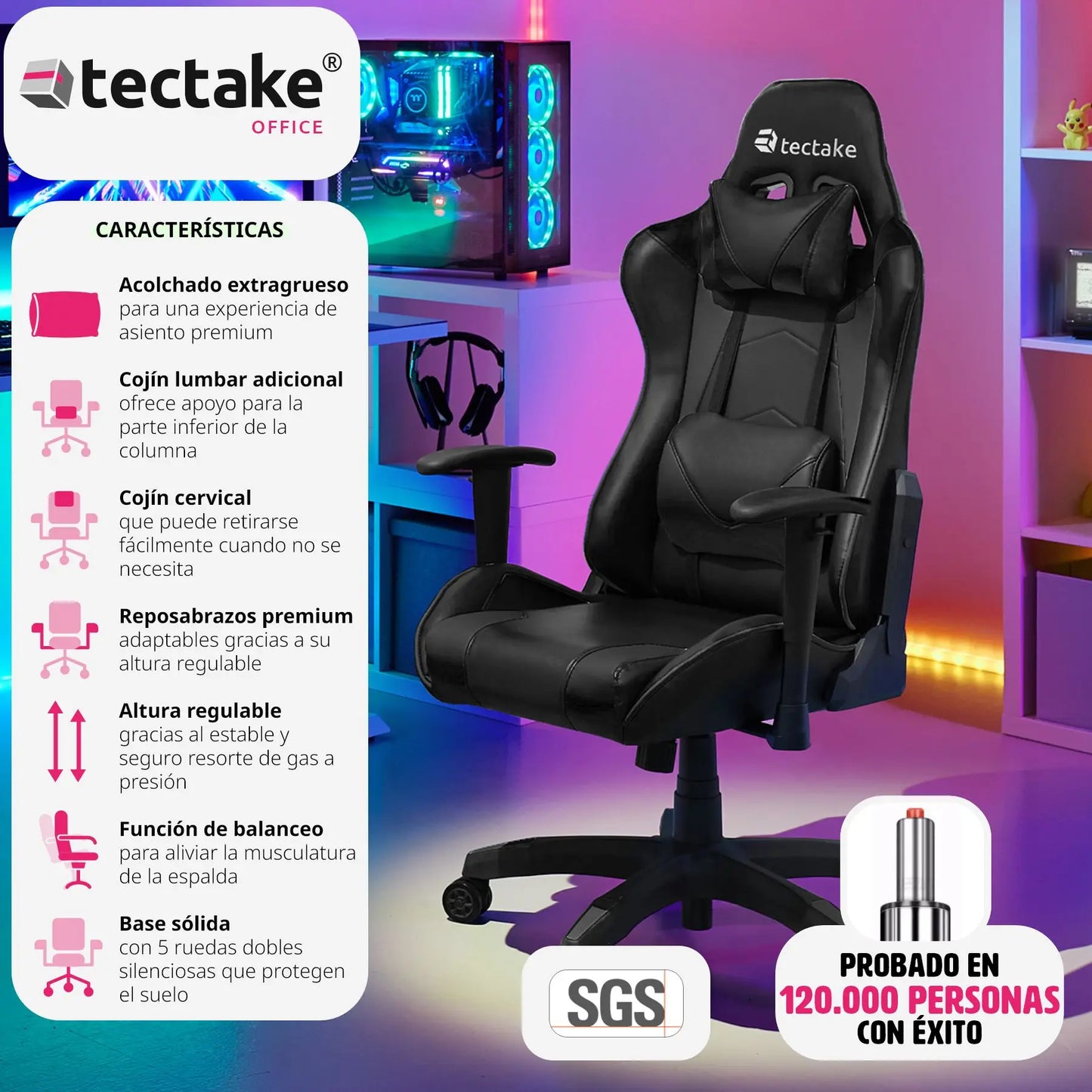 tectake Bürostuhl Twink Gamer Schreibtischstuhl, Computertisch-Studienstuhl, verstellbarer Bürositz, ergonomischer Rollstuhl, drehbarer Bürostuhl