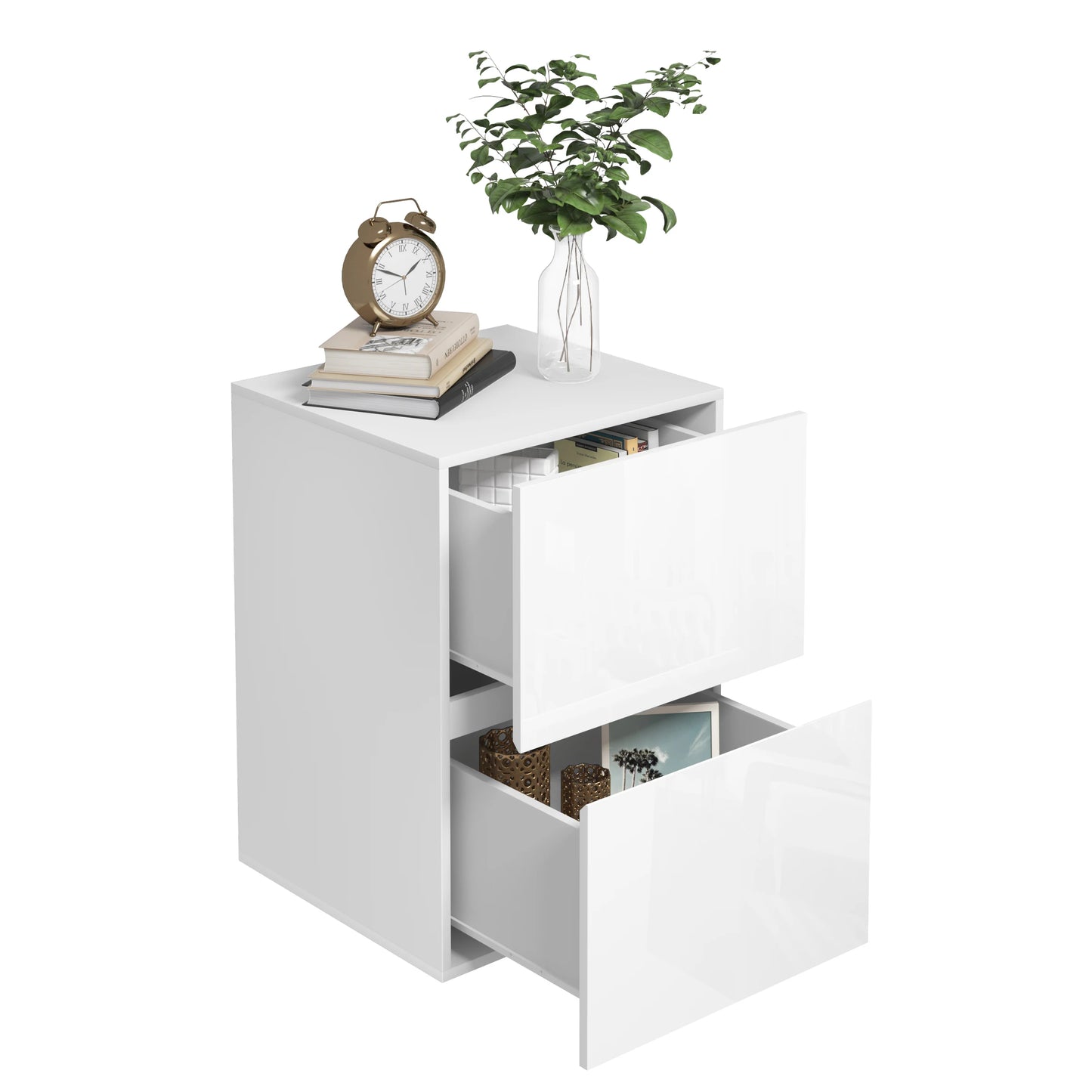 Mesita de Noche Blanca con 2 Cajones Brillantes - Estilo Escandinavo: Elegancia y Organización en tu Dormitorio