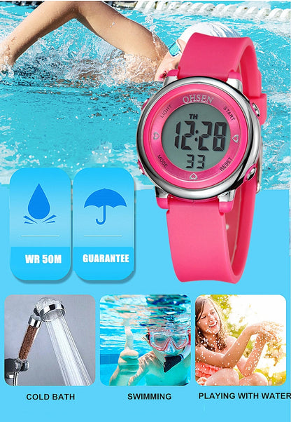 Reloj Deportivo Digital con Diseño Innovador y Correa de Silicona Morada - Resistente al Agua 50M