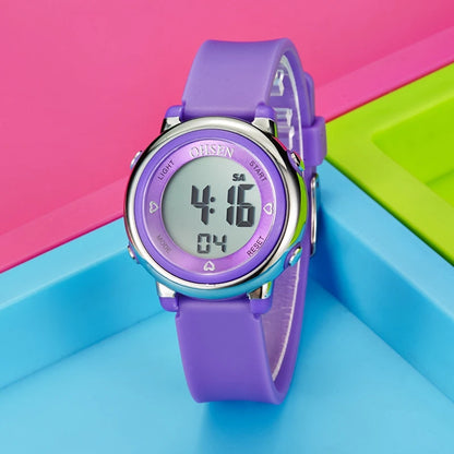 Reloj Deportivo Digital con Diseño Innovador y Correa de Silicona Morada - Resistente al Agua 50M