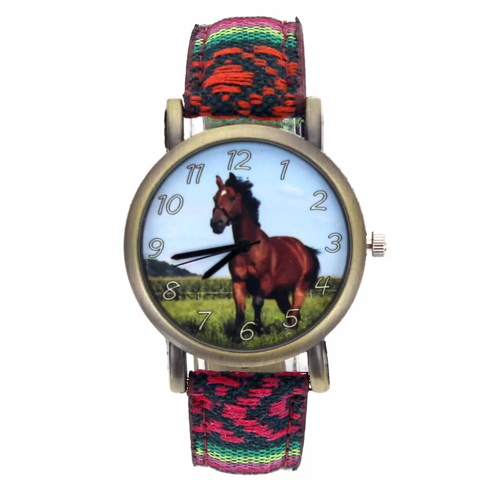 Reloj Unisex de Cuero y Lona con Estampado de Caballo