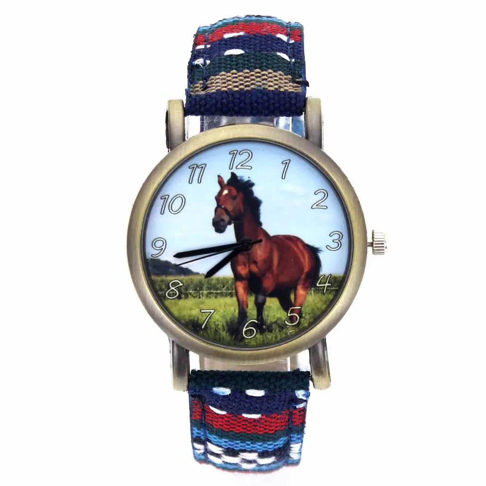 Reloj Unisex de Cuero y Lona con Estampado de Caballo