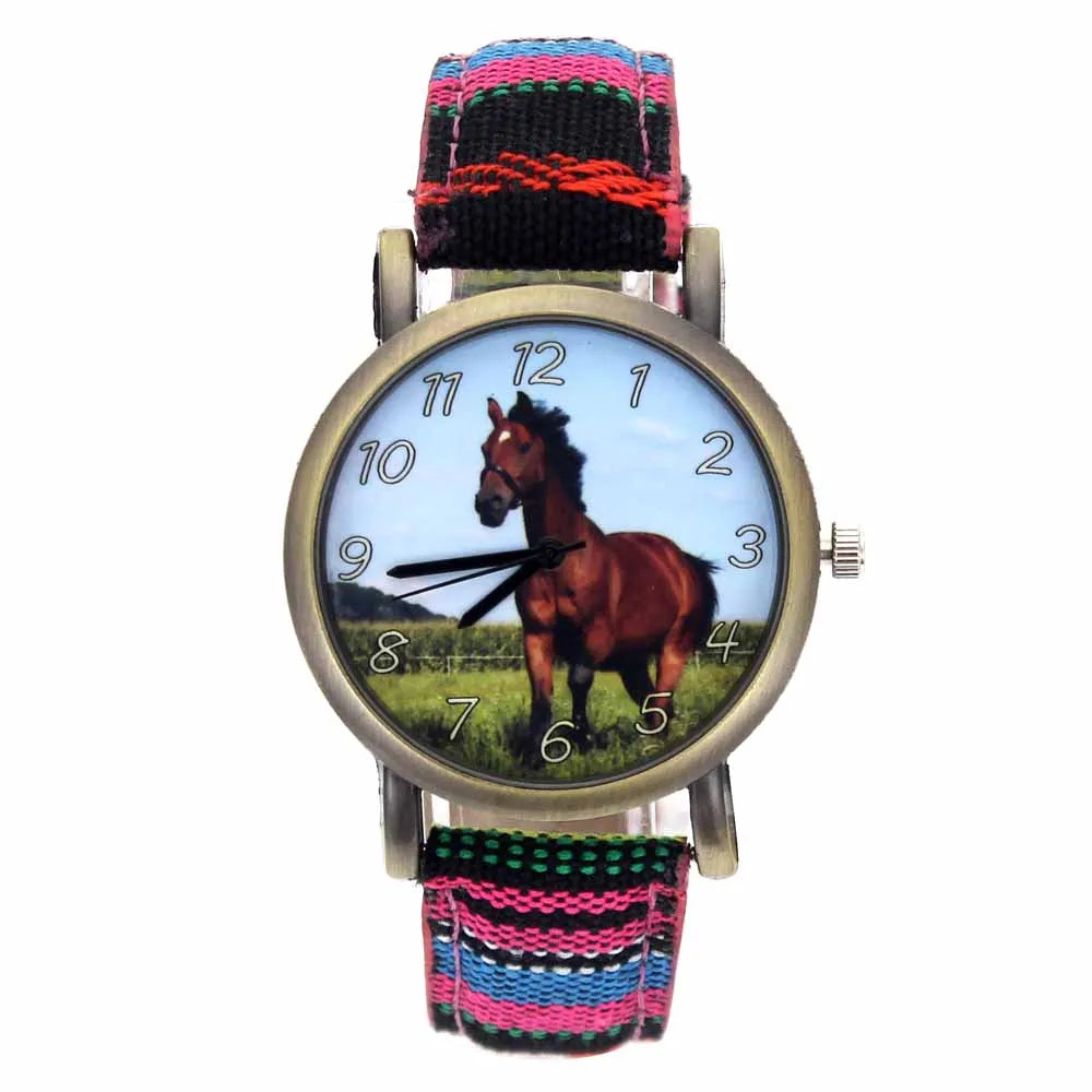 Reloj Unisex de Cuero y Lona con Estampado de Caballo