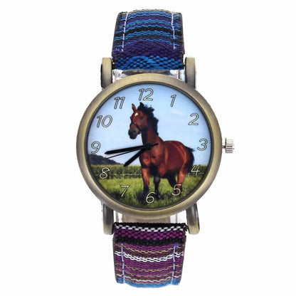 Reloj Unisex de Cuero y Lona con Estampado de Caballo