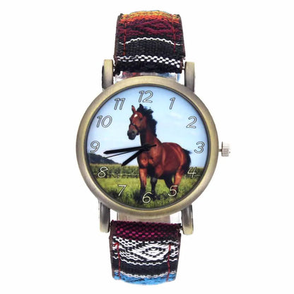 Reloj Unisex de Cuero y Lona con Estampado de Caballo