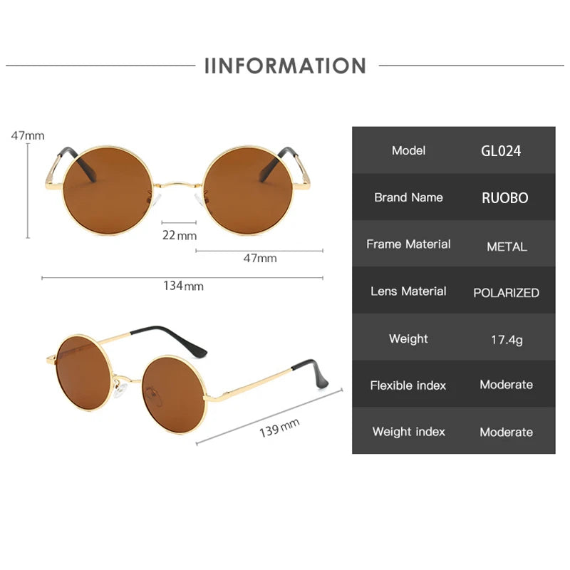 RUOBO Retro Polarized Round Metal Frame Sunglasses Eyewear For Men and Women Driving Fishing Brand Designer Sun Glasses UV400