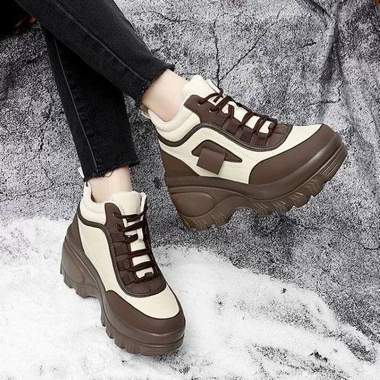 8cm Platform Shoes Women's Leather Waterproof Outdoor Shoes Women's Dad Shoes Sports Casual Shoes Women's Small Elevator Shoes