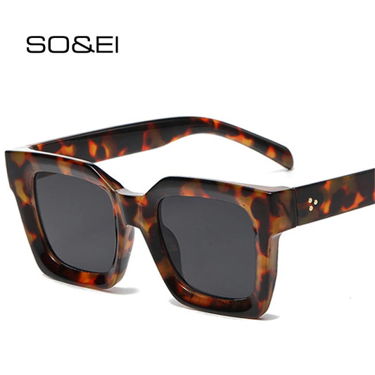 SO&EI Square Rivets Men Vintage Sunglasses Fashion Brand Designer Shades UV400 Women Gradient Sun Glasses