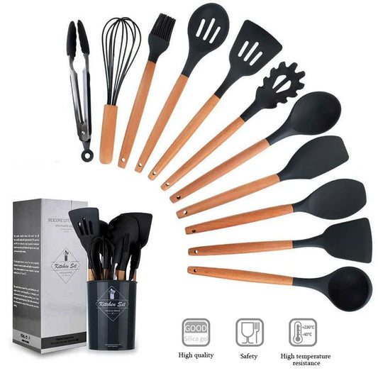 Set de Utensilios de Cocina de Silicona Premium con Mangos de Madera - 12 Piezas