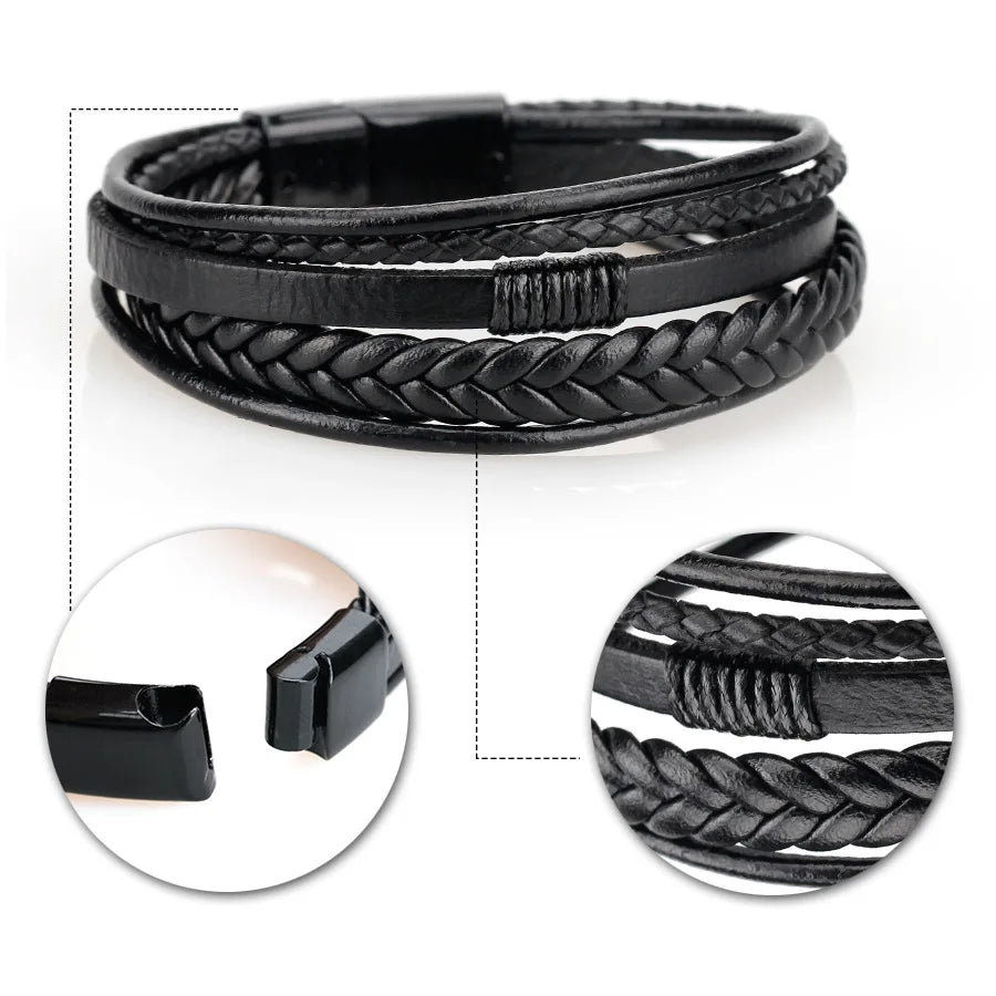 Pulseras de Cuero con Detalles de Acero Inoxidable para Hombre