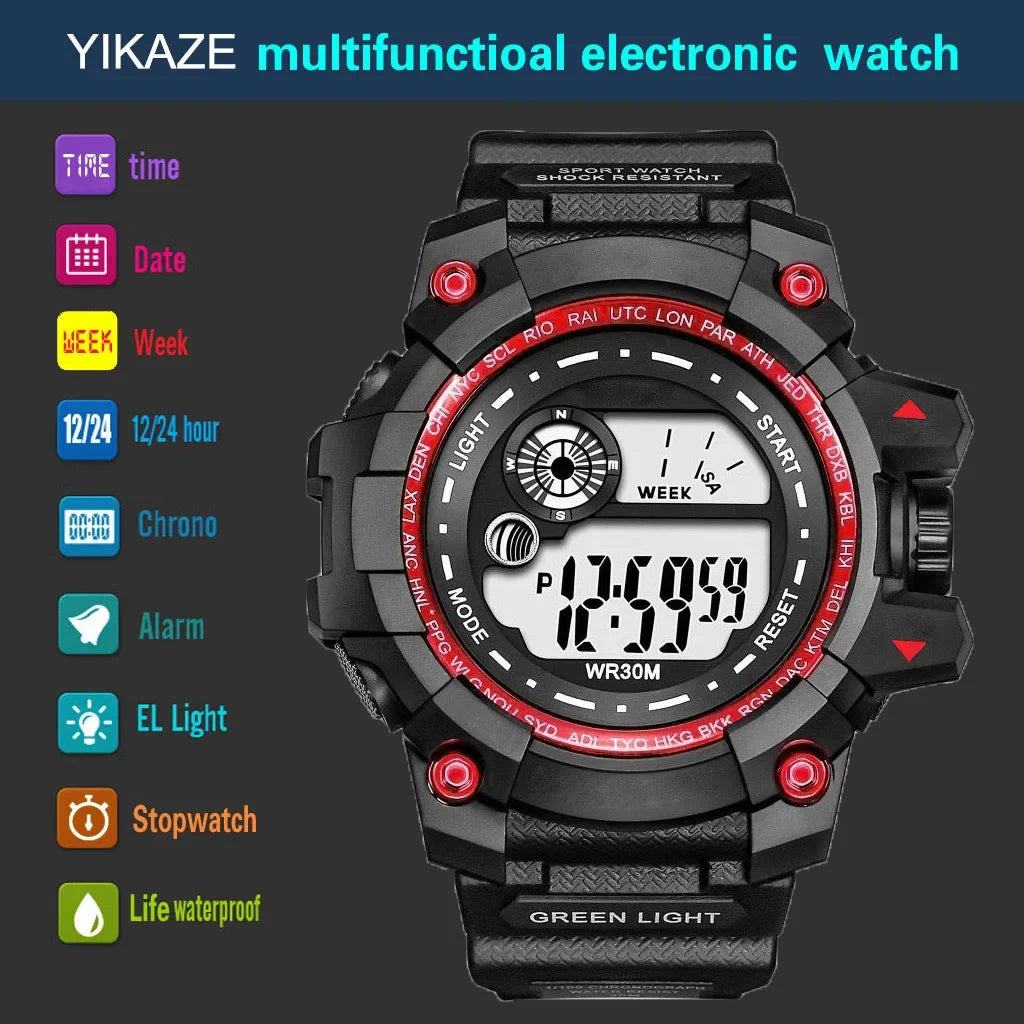 Reloj Deportivo LED YIKAZE para Hombre - Resistente al Agua, 50mm, Luz de Fondo LED