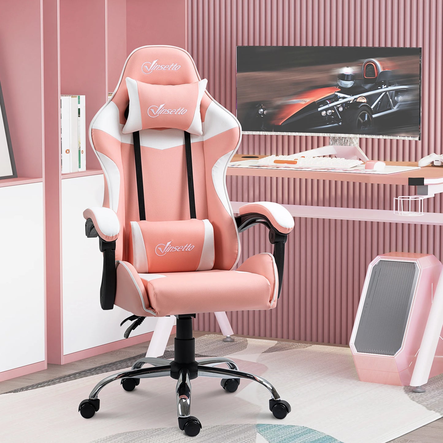 Vinsetto ergonomic Gaming chair 135 ° adjustable height rotating Racing desk chair head rest and Lumbar cushion for office studio 63x67x122-130 cm pink