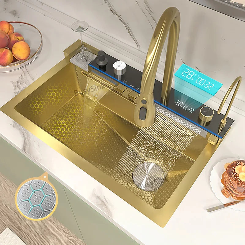 Fregadero de Cocina de Cascada Dorada de Acero Inoxidable con Digital Display - ¡Actualiza tu Cocina! 🌟