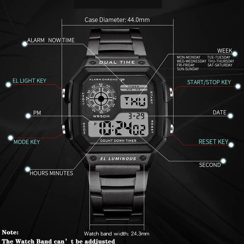 Reloj Digital Deportivo de Acero Inoxidable Hombre YIKAZE 🕒