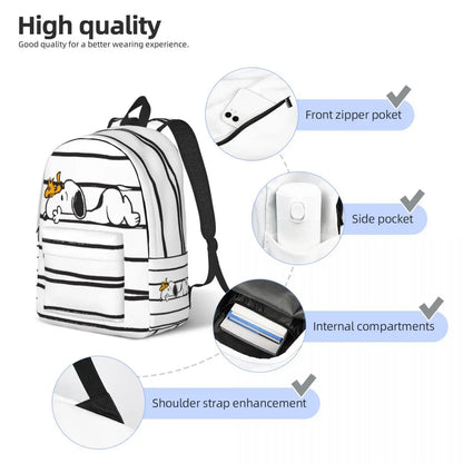 Snoopy Woodstock Cartoon Stripe Backpack for Men Women Teenage Student Hiking Travel Daypack Laptop Computer Canvas Bags Pocket