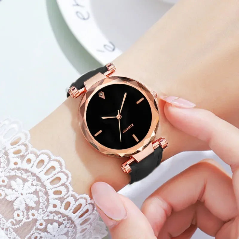 Set de 2 Relojes de Lujo para Mujer - Correas de Cuero PU y Detalles de Cristal en Aleación de Oro Rosa