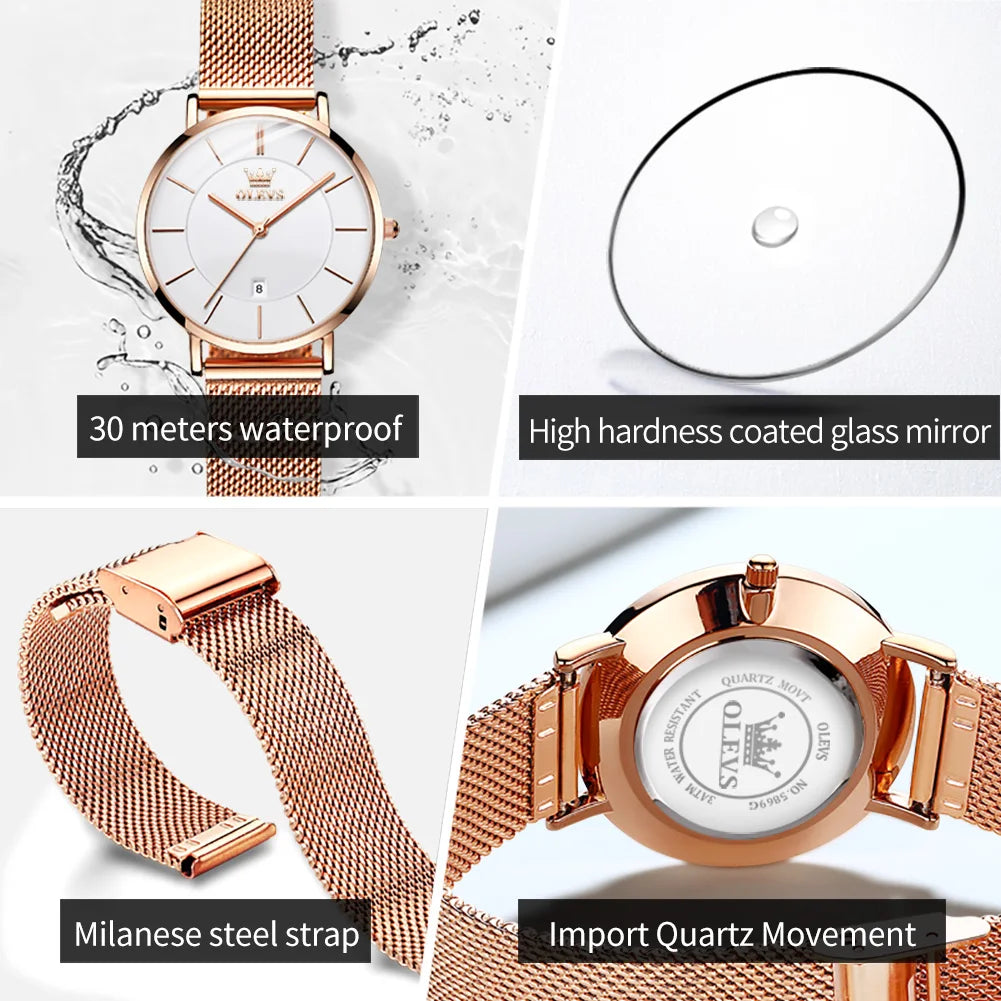 Reloj de Mujer OLEVS 6.5mm Rosa Dorado Acero Inoxidable Resistente Agua Cuarzo Caja Regalo