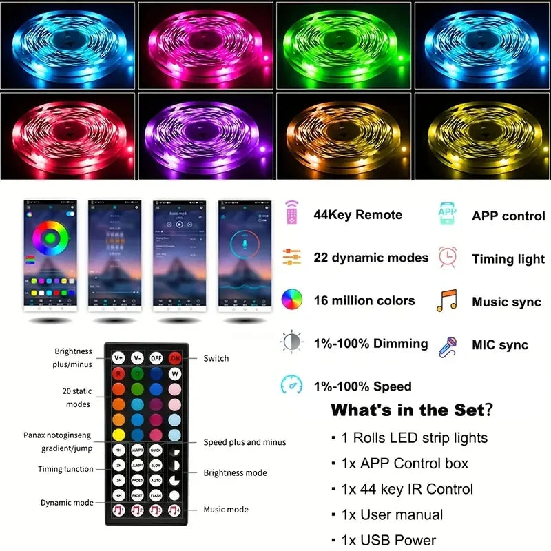 Tira LED RGB 5050 Bluetooth Wifi Música Sync Control App - ¡Ilumina tu espacio con estilo!