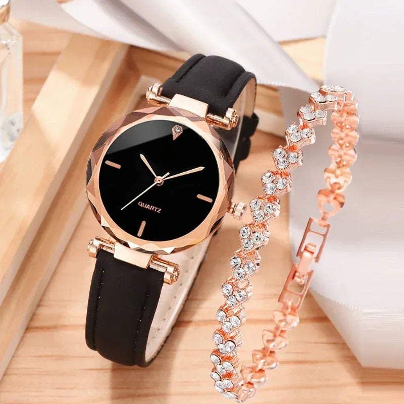 Set de 2 Relojes de Lujo para Mujer - Correas de Cuero PU y Detalles de Cristal en Aleación de Oro Rosa