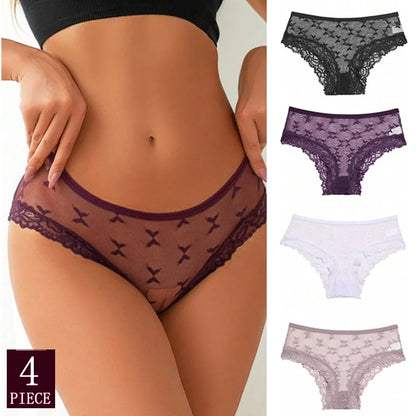 4PCS Lace Bikini Briefs Panties Women's Transparent Lingerie Sexy Female Underpants Floral Lace Perspective Waist Band Briefs