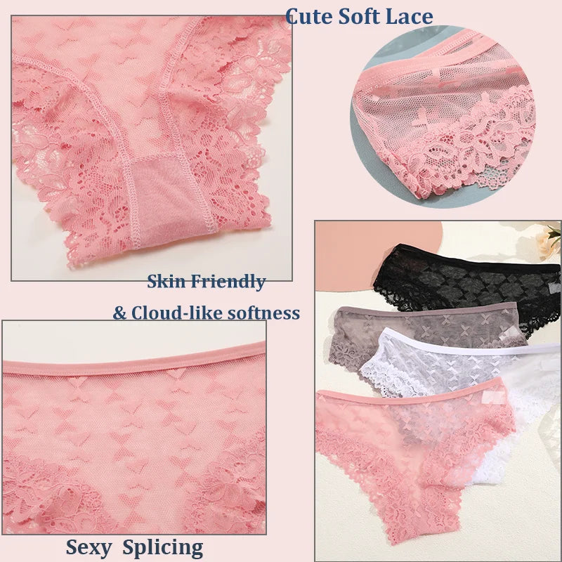 4PCS Lace Bikini Briefs Panties Women's Transparent Lingerie Sexy Female Underpants Floral Lace Perspective Waist Band Briefs