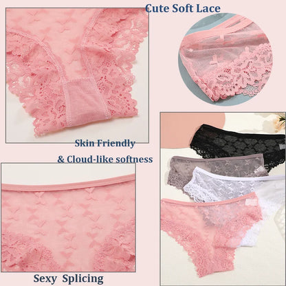 4PCS Lace Bikini Briefs Panties Women's Transparent Lingerie Sexy Female Underpants Floral Lace Perspective Waist Band Briefs