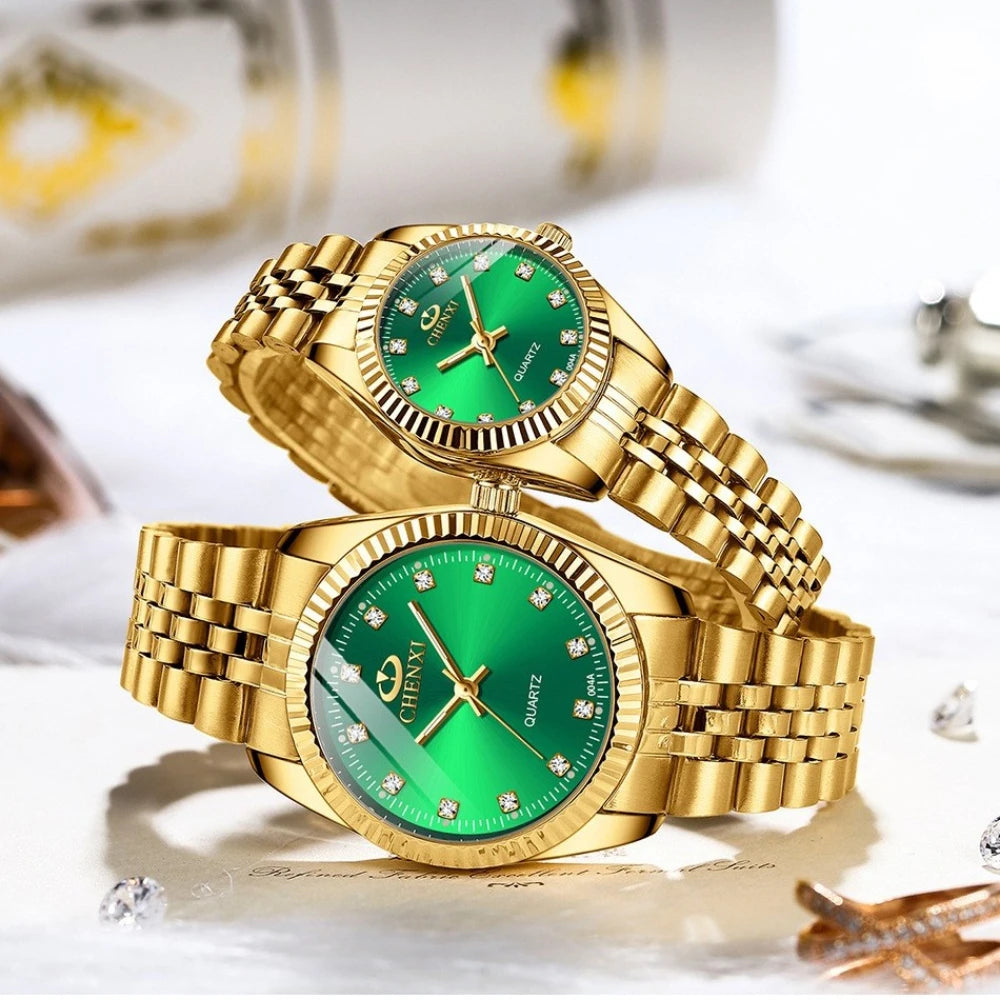 Relojes de Pareja CHENXI: Elegancia Dorada con Cuero Premium