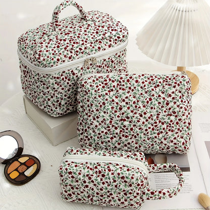 3 Pcs Cotton Quilted Makeup Bag Set,Floral Makeup Bag, Travel Makeup Bag,Large Toiletry Cosmetic Bag Makeup Bag Organizer