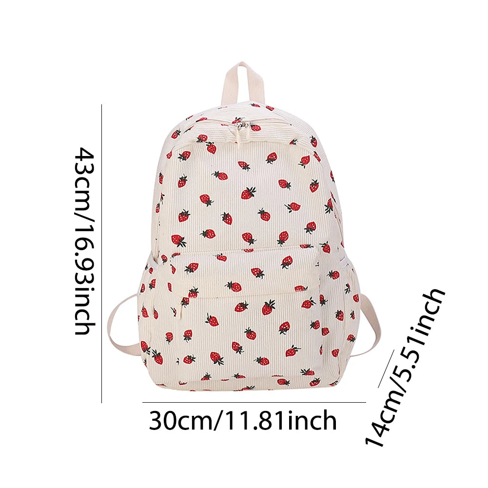 2024 Strawberry Pattern Sweet College Schoolbag Corduroy Students Backpacks Multi-pockets Daily Rucksack Large Capacity Knapsack