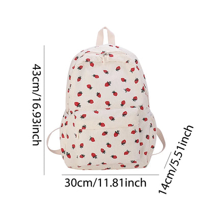 2024 Strawberry Pattern Sweet College Schoolbag Corduroy Students Backpacks Multi-pockets Daily Rucksack Large Capacity Knapsack