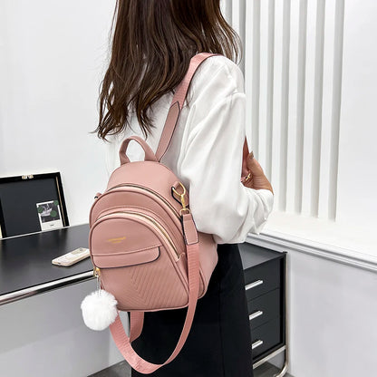 Three-layer Zipper Women's Backpack Fashion Hair Ball Pendant Girl Student School Bags Solid Color Casual Travel Ladies Backpack