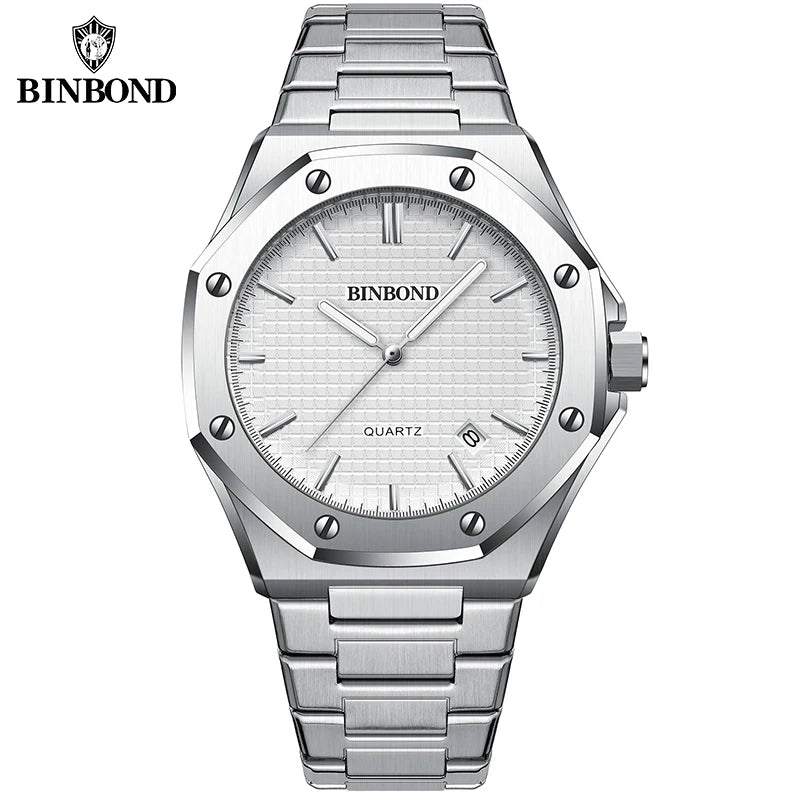 Reloj Hombre Binbond Plateado Acero Inoxidable Fecha Automática