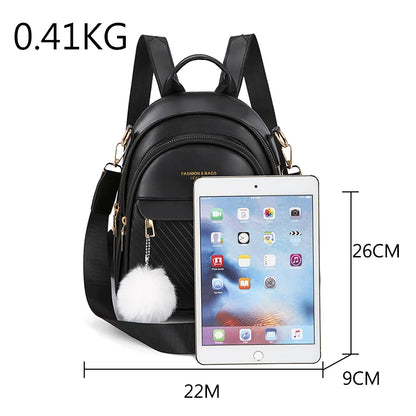 Three-layer Zipper Women's Backpack Fashion Hair Ball Pendant Girl Student School Bags Solid Color Casual Travel Ladies Backpack