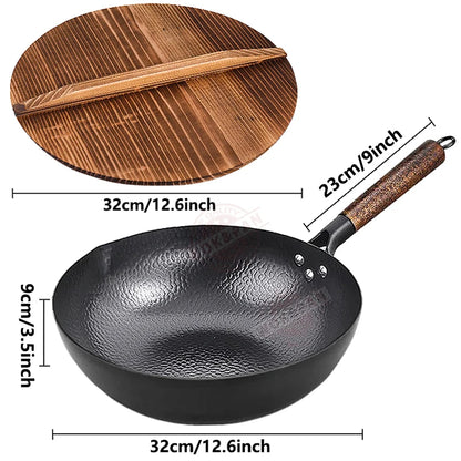 Sartén Wok de Acero al Carbono 32cm con Tapa de Madera - ¡Cocina auténtica en casa! 🍳