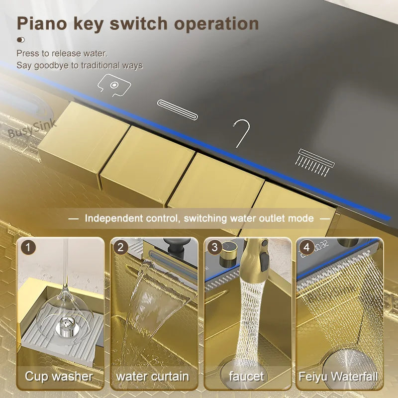 Fregadero de Cocina de Cascada Dorada de Acero Inoxidable con Digital Display - ¡Actualiza tu Cocina! 🌟