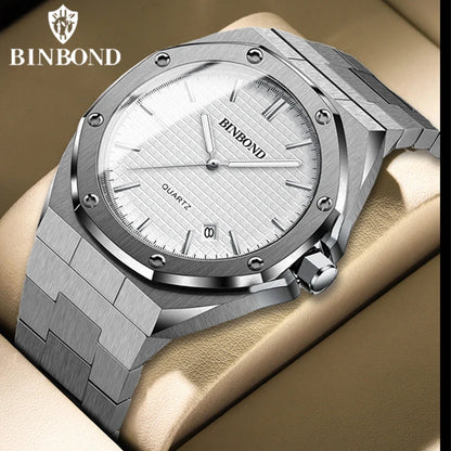 Reloj Hombre Binbond Plateado Acero Inoxidable Fecha Automática