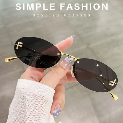 Luxury Fashion Diamond-encrusted Sunglasses Candy Color Oval Frame Wome Men Unisex Rimless Sun Glasses Sunshade UV400 Protection