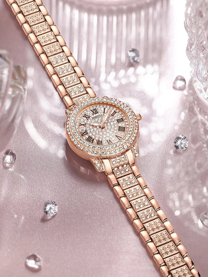 Reloj de Cuarzo Diamante Brillante en Oro Rosa - NIBOSI