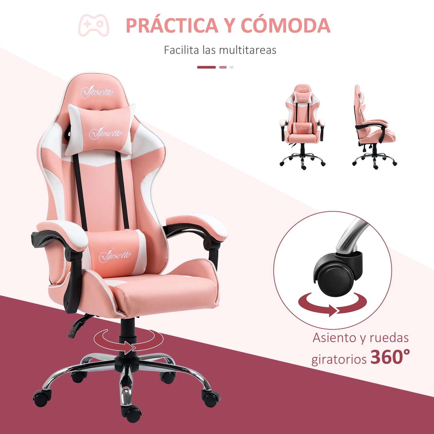 Vinsetto ergonomic Gaming chair 135 ° adjustable height rotating Racing desk chair head rest and Lumbar cushion for office studio 63x67x122-130 cm pink