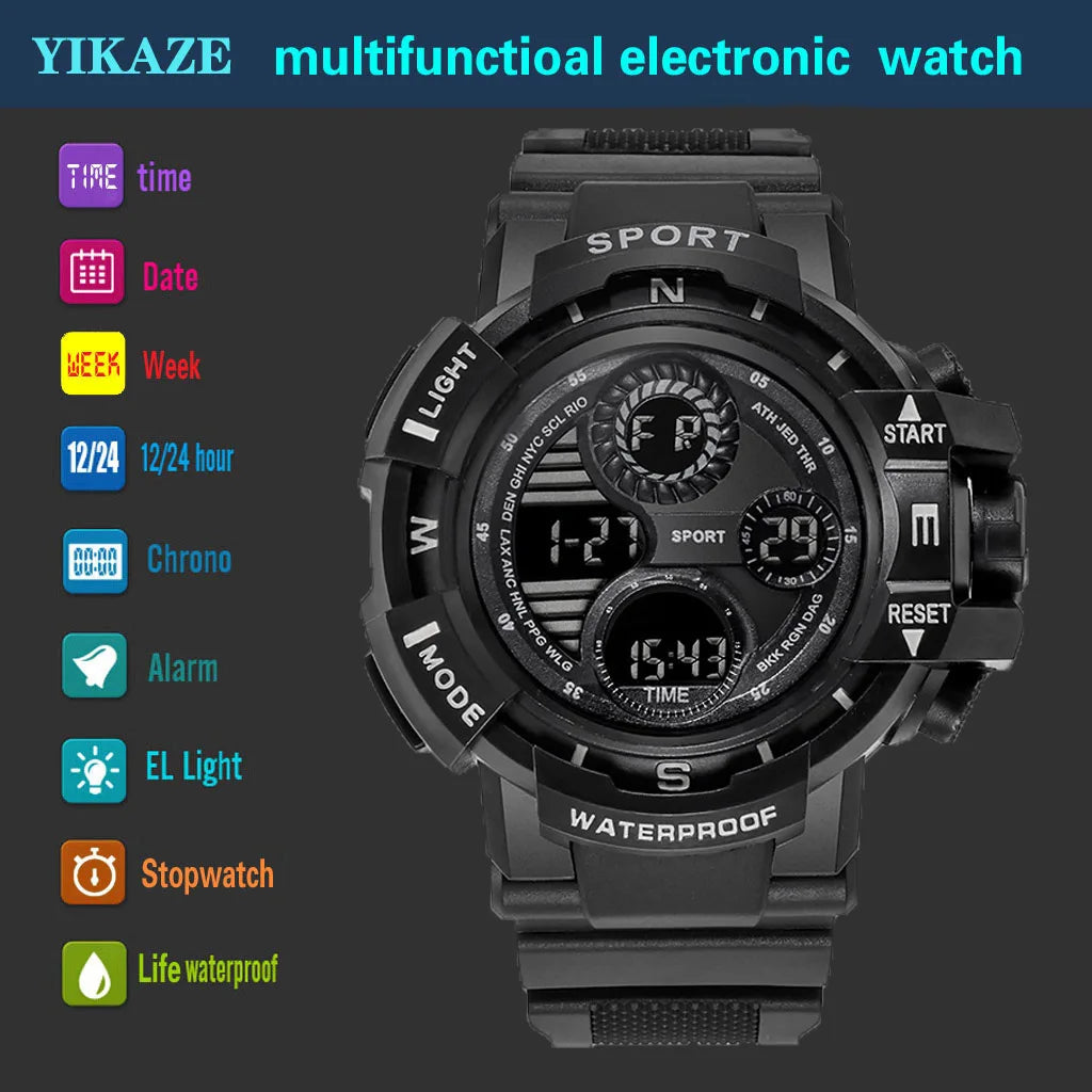 Reloj Digital Deportivo YIKAZE Negro para Hombres - Resistente al Agua - Funciones Múltiples - Envío Rápido