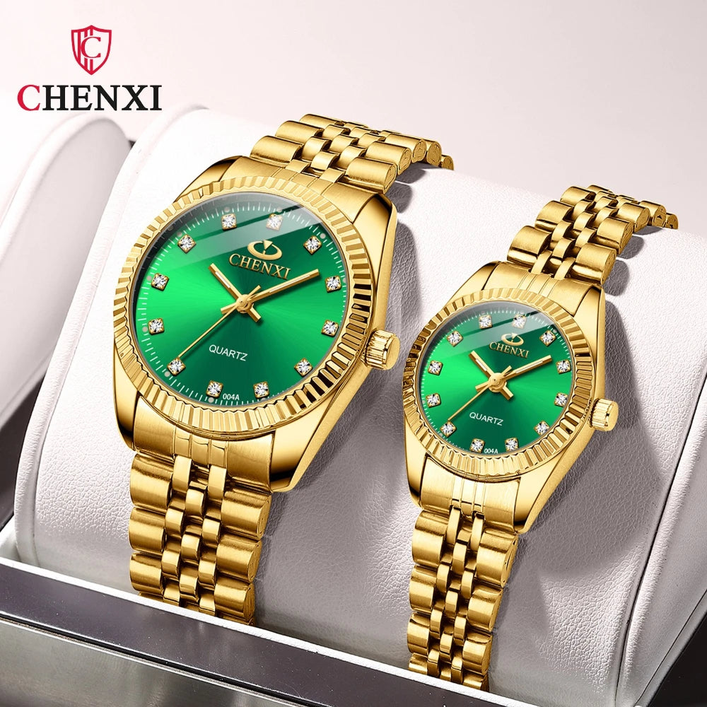 Relojes de Pareja CHENXI: Elegancia Dorada con Cuero Premium