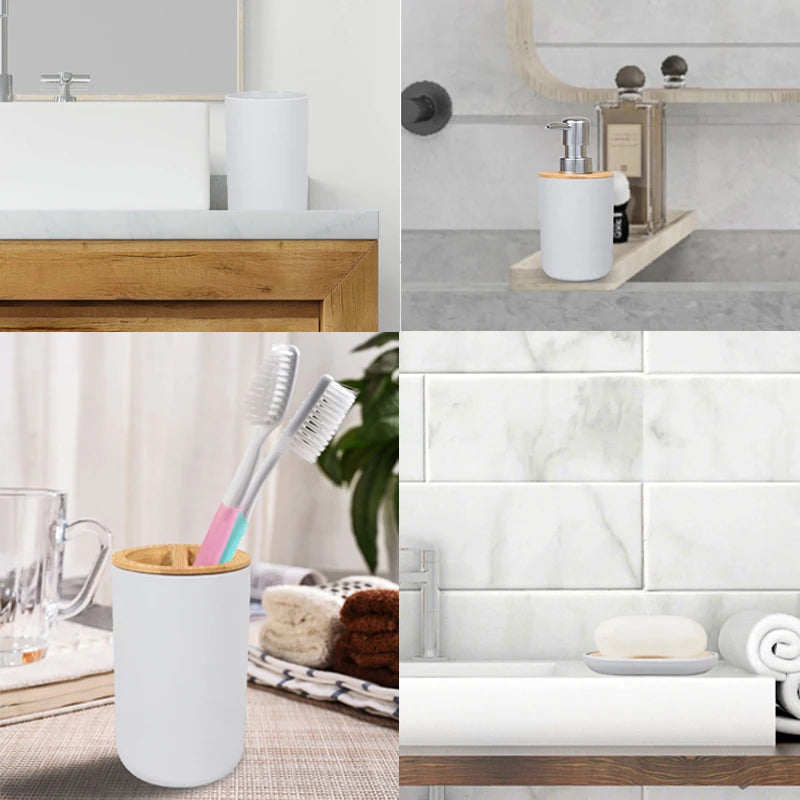 Set de Accesorios de Baño de Lujo en Resina, Plástico y Bambú - Elegancia Excepcional