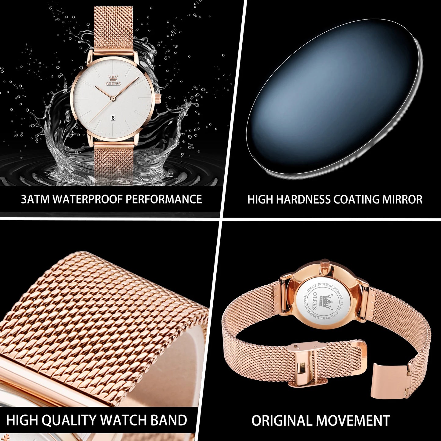 Reloj de Moda OLEVS para Mujer: Oro Rosa, Resistente al Agua 3Bar