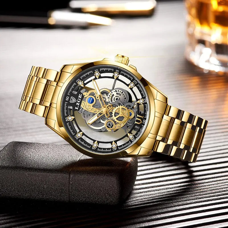 Reloj Hombre Esqueleto Dorado LIGE: Elegancia Retro y Lujo 🌟