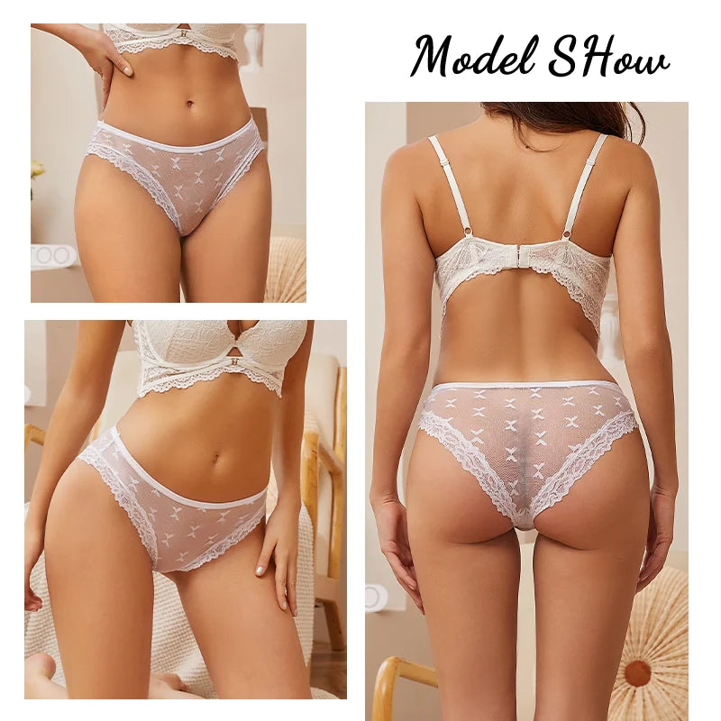 4PCS Lace Bikini Briefs Panties Women's Transparent Lingerie Sexy Female Underpants Floral Lace Perspective Waist Band Briefs