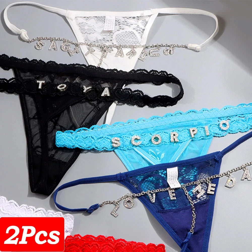 2Pcs Custom Name Thong Panties Sexy Women Transparent G-string Body Chain Personalized Underwear Jewelry Lingerie Bikini Gift