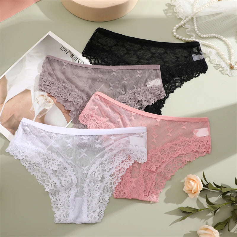 4PCS Lace Bikini Briefs Panties Women's Transparent Lingerie Sexy Female Underpants Floral Lace Perspective Waist Band Briefs