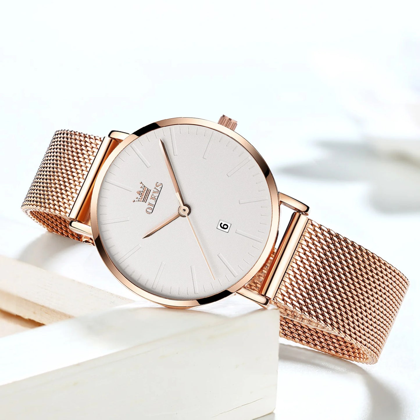 Reloj de Moda OLEVS para Mujer: Oro Rosa, Resistente al Agua 3Bar