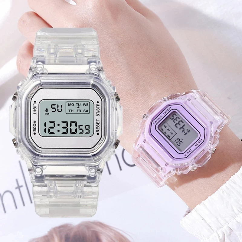 Reloj Digital Transparente Cuadrado para Mujeres - Resistente al Agua con Funciones Multifuncionales