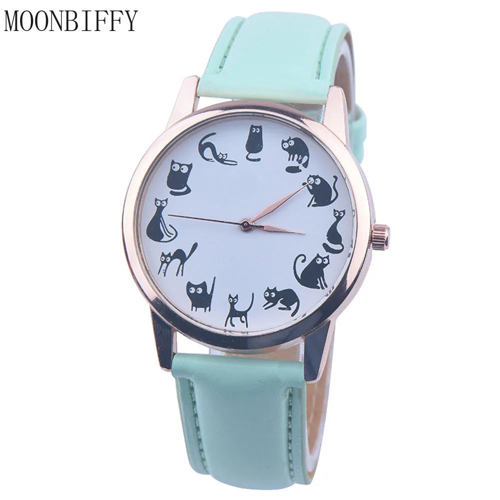 Reloj de Cuero con Estampado de Gato de MOONBIFFY: ¡Estilo Felino Único!